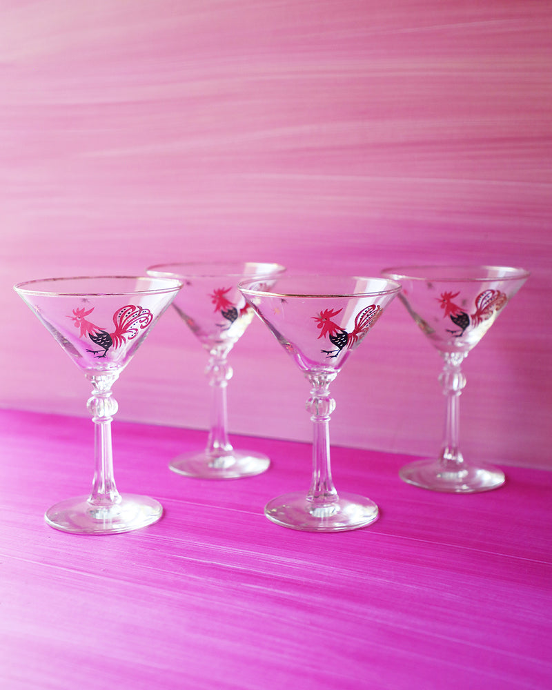 Vintage Atomic Rooster Martini Glasses, set of 4