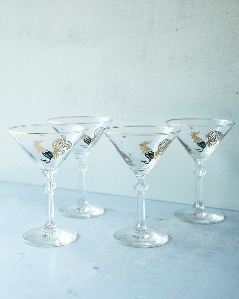 Vintage Atomic Rooster Martini Glasses, set of 4