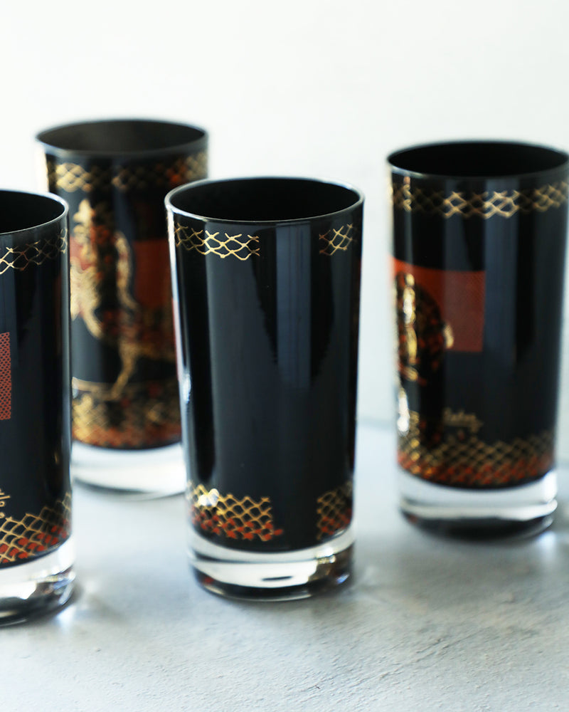 Vintage Black Gold Rooster Highball Glasses, set of 5