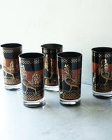 Vintage Black Gold Rooster Highball Glasses, set of 5