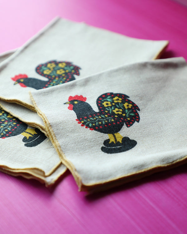 Vintage Folk Art Chicken Napkins, set of 4