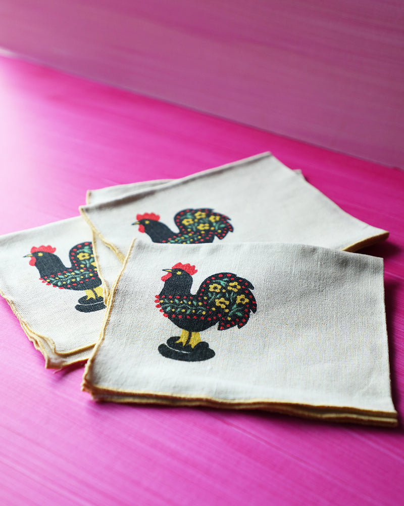 Vintage Folk Art Chicken Napkins, set of 4