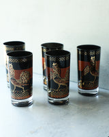 Vintage Black Gold Rooster Highball Glasses, set of 5