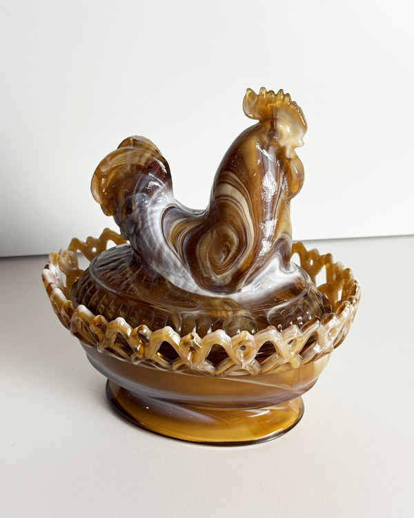 Vintage Imperial Glass Slag Rooster on Nest