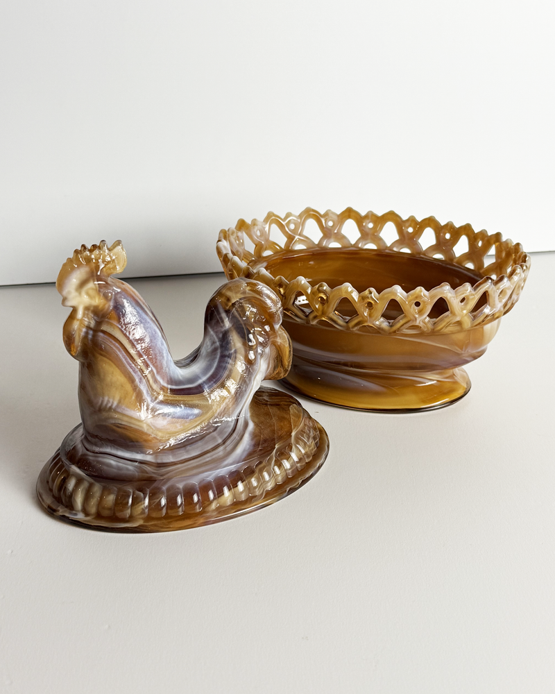 Vintage Imperial Glass Slag Rooster on Nest