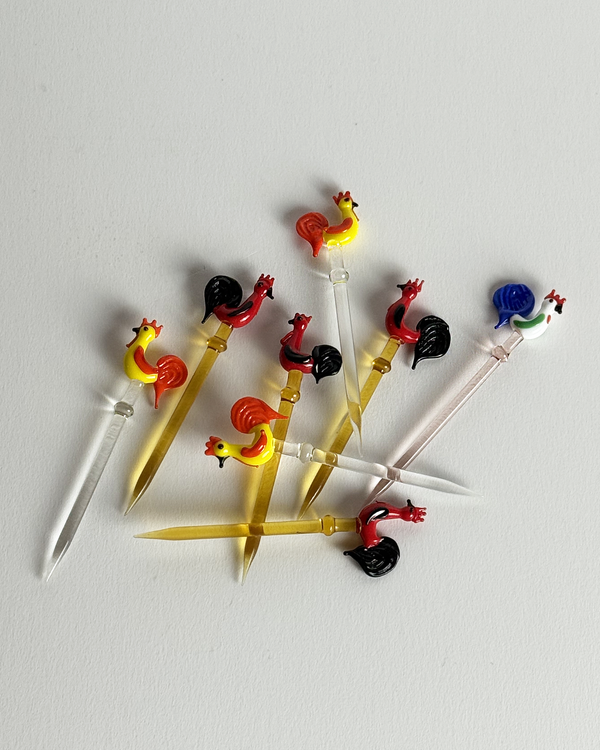 Vintage Colorful Hand-blown Glass Chicken Picks, set of 8