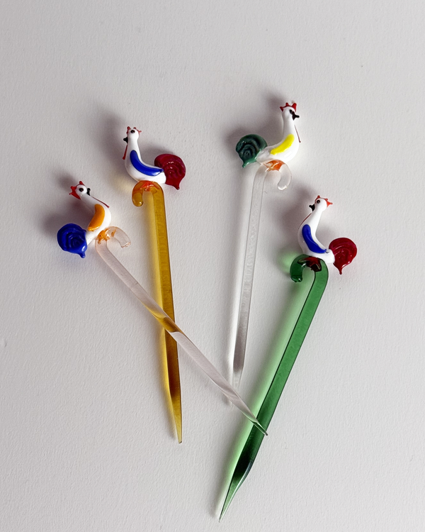 Vintage Colorful Glass Chicken Cocktail Picks, set of 8