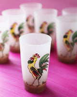 Vintage Frosted Hand-Painted Rooster Highball Glasses, set of 7