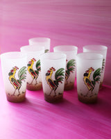 Vintage Frosted Hand-Painted Rooster Highball Glasses, set of 7