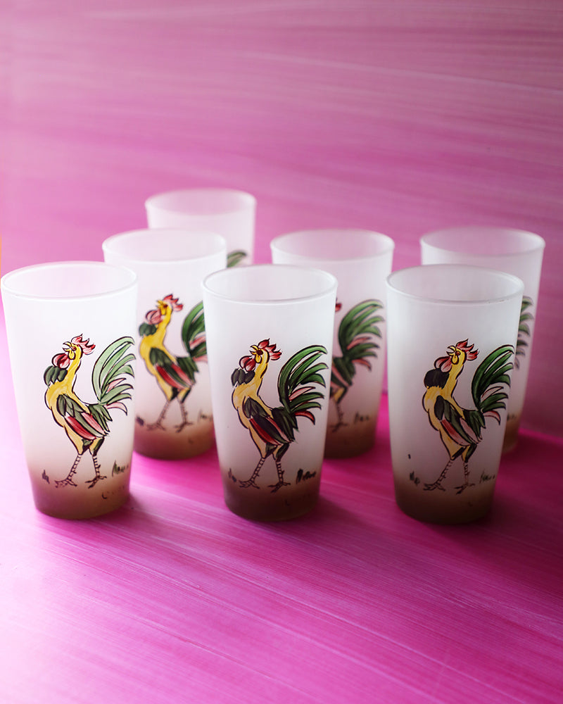 Vintage Frosted Hand-Painted Rooster Highball Glasses, set of 7