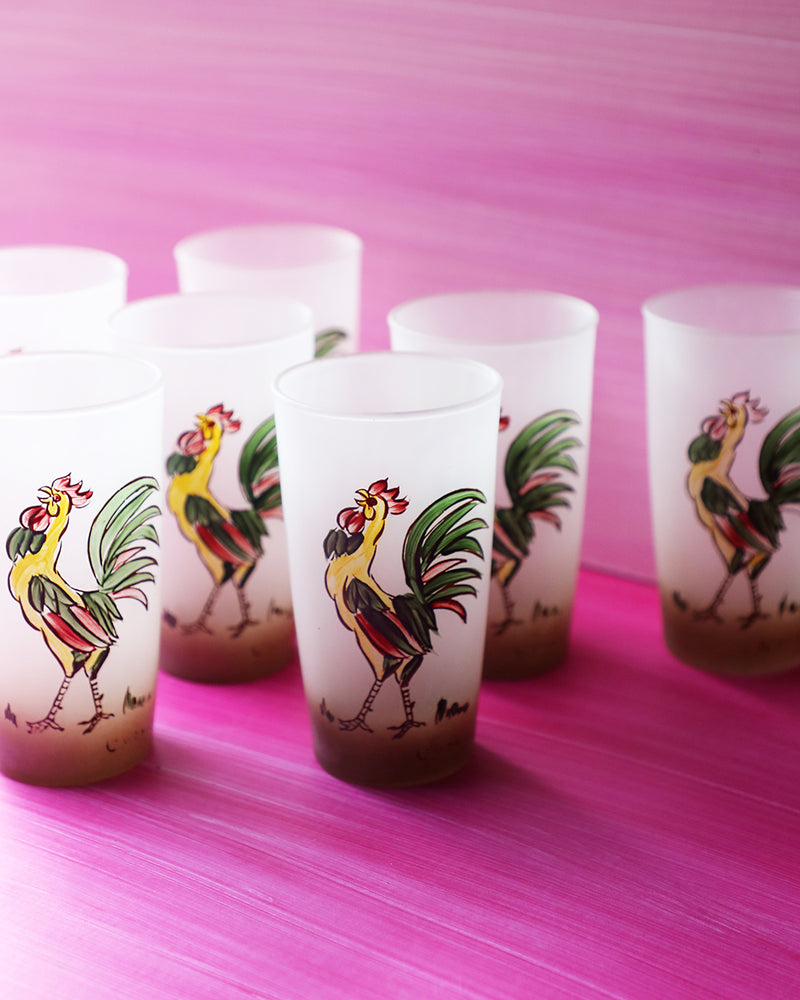 Vintage Frosted Hand-Painted Rooster Highball Glasses, set of 7