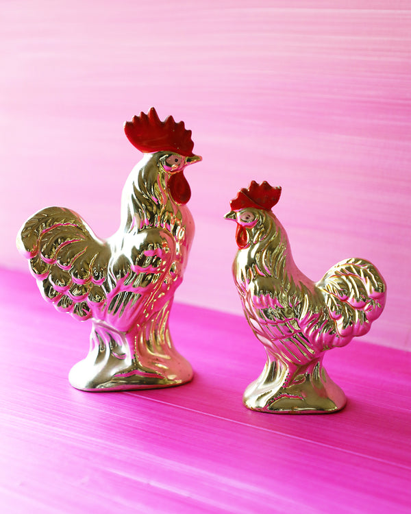 Vintage Golden Ceramic Rooster Figurines, set of 2