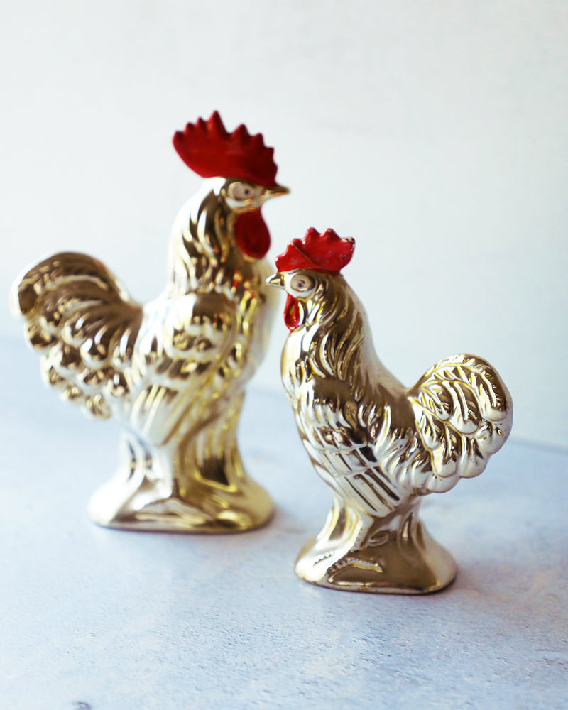 Vintage Golden Ceramic Rooster Figurines, set of 2