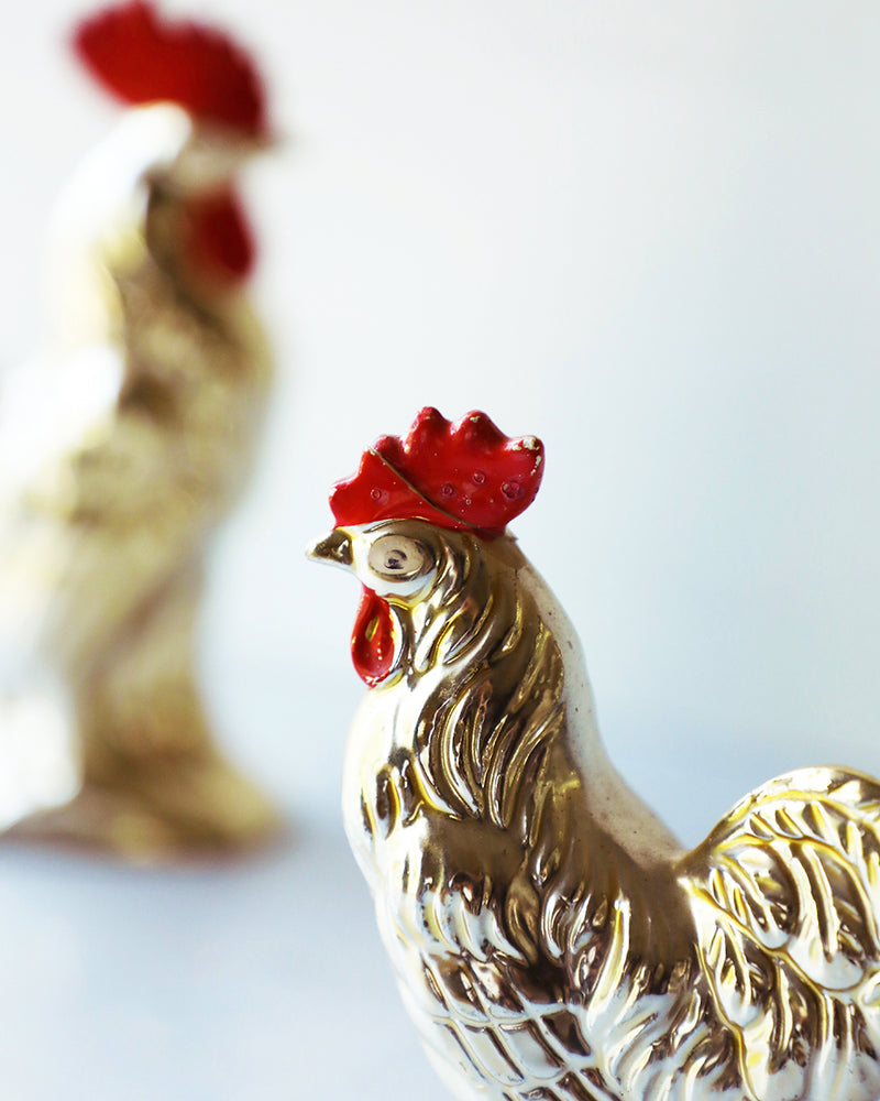 Vintage Golden Ceramic Rooster Figurines, set of 2