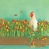 Rooster among tulips with a butterfly on a green background