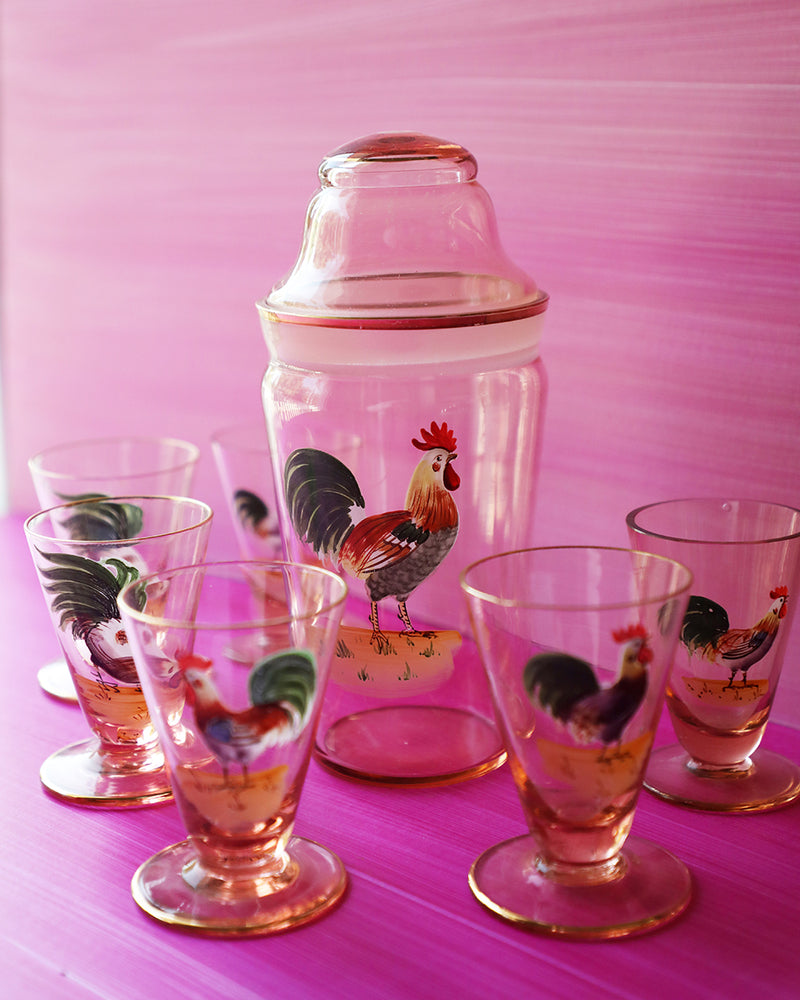 Vintage Hand-Painted Pink Rooster Shaker and 6 Glass Set