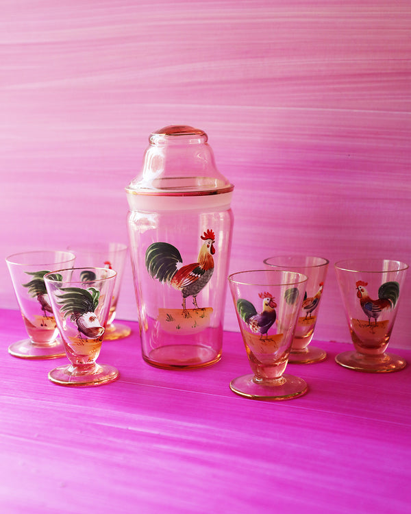 Vintage Hand-Painted Pink Rooster Shaker and 6 Glass Set