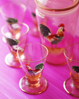 Vintage Hand-Painted Pink Rooster Shaker and 6 Glass Set