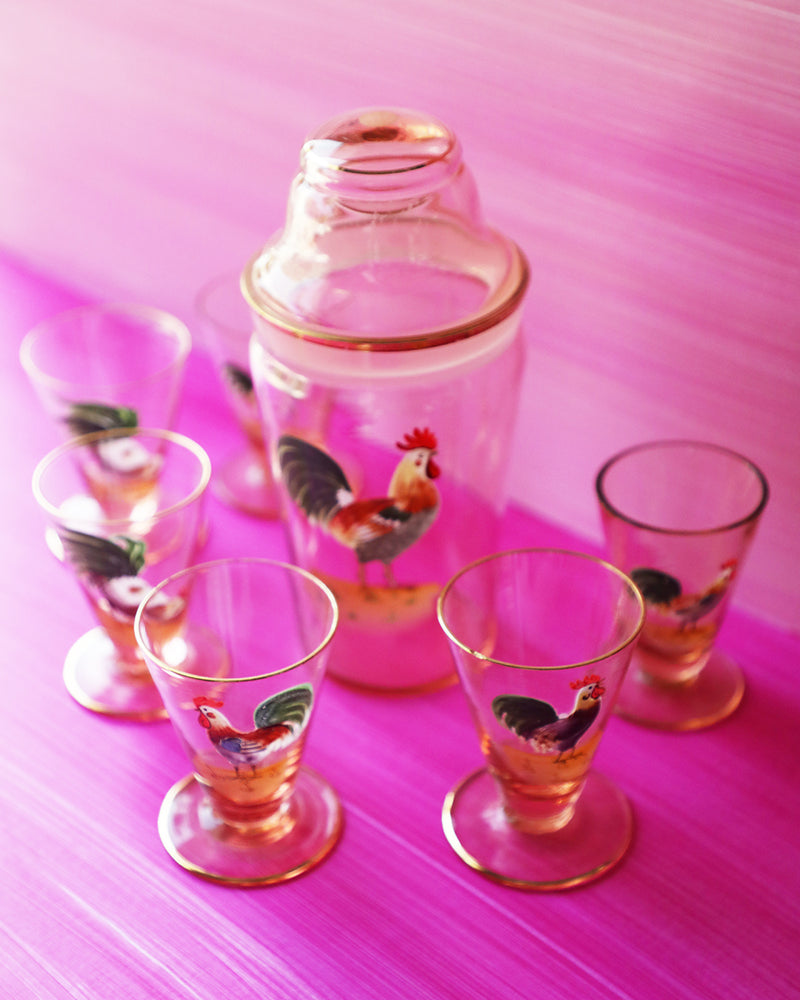 Vintage Hand-Painted Pink Rooster Shaker and 6 Glass Set