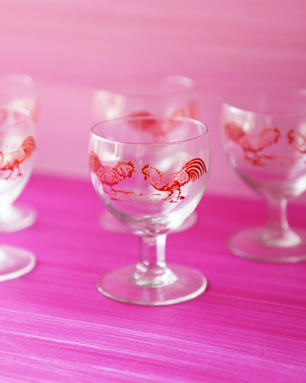 Vintage Hand-Painted Red Rooster Aperitif Glasses, set of 5