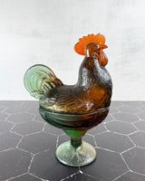 Vintage Westmoreland Glass Amber and Green Rooster Candy Dish