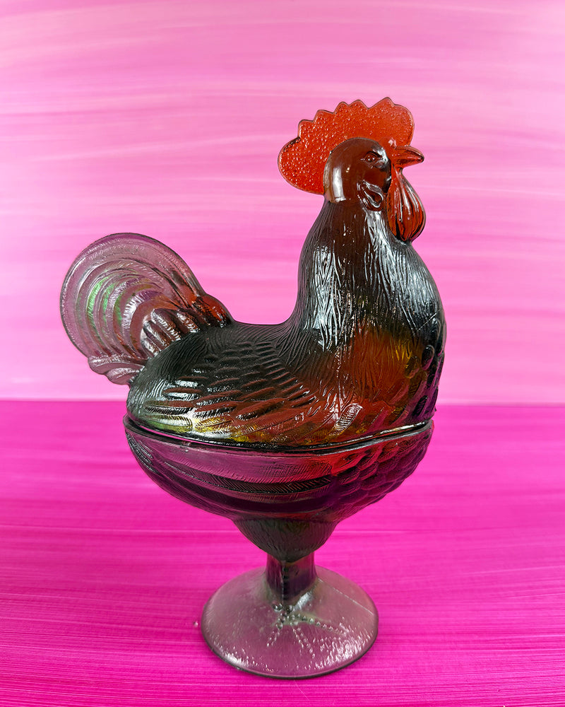 Vintage Westmoreland Glass Amber and Green Rooster Candy Dish