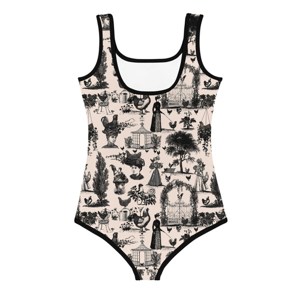 Chicken Lady Toile Kids' Swimsuit, pepper
