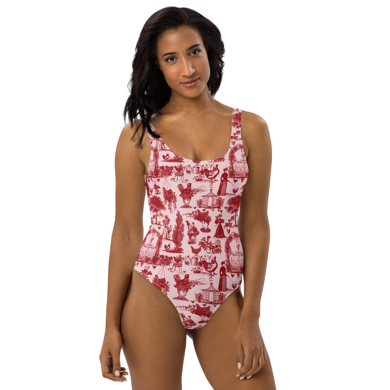 Chicken Lady Toile One-Piece Suit, blush