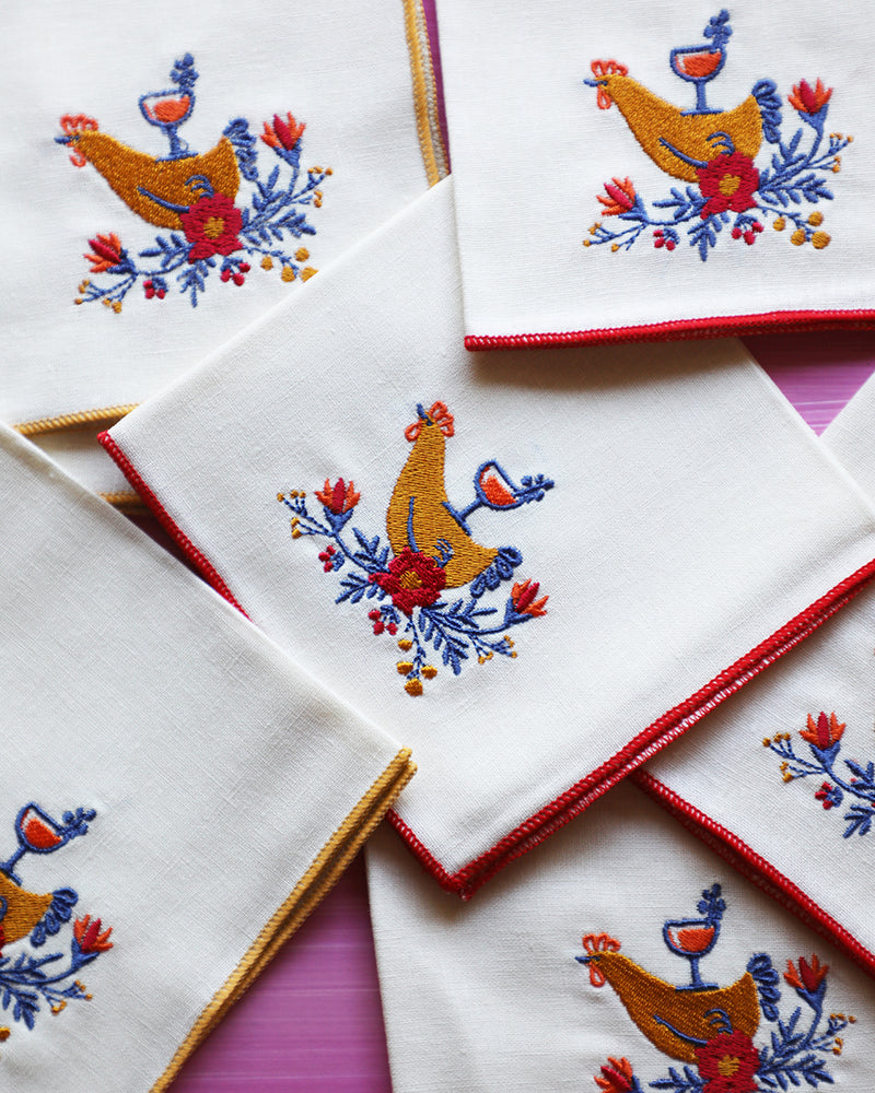 Chicken and Coupe Embroidered Cocktail Napkins, set of 4