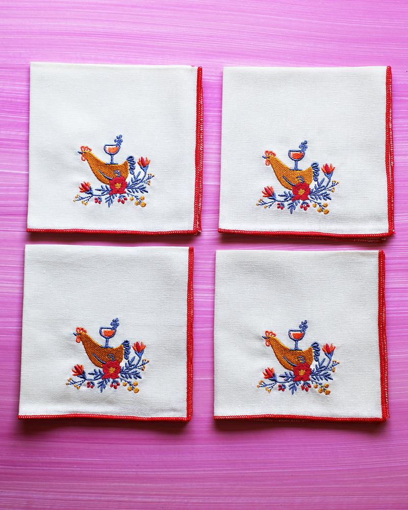 Chicken and Coupe Embroidered Cocktail Napkins, set of 4
