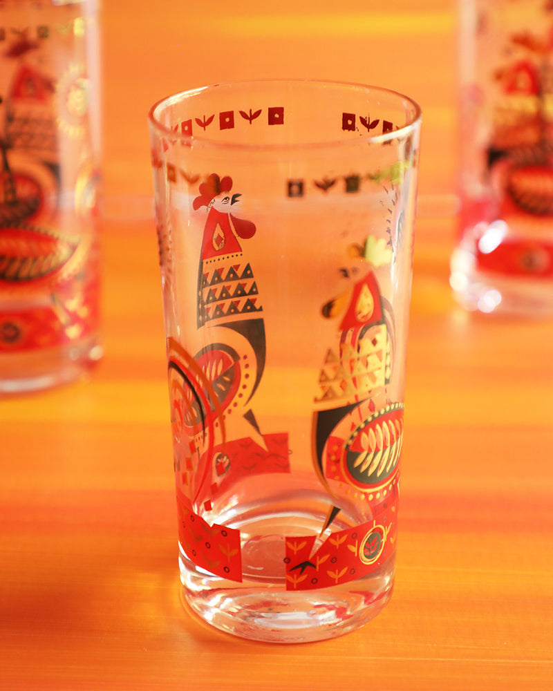Vintage Red Black and Gold Chicken Motif Highball Glasses, set of 4