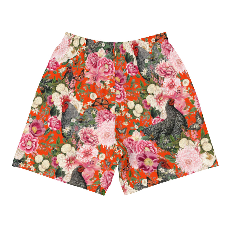 Secret Chicken Garden Recycled Athletic Shorts, barred rock