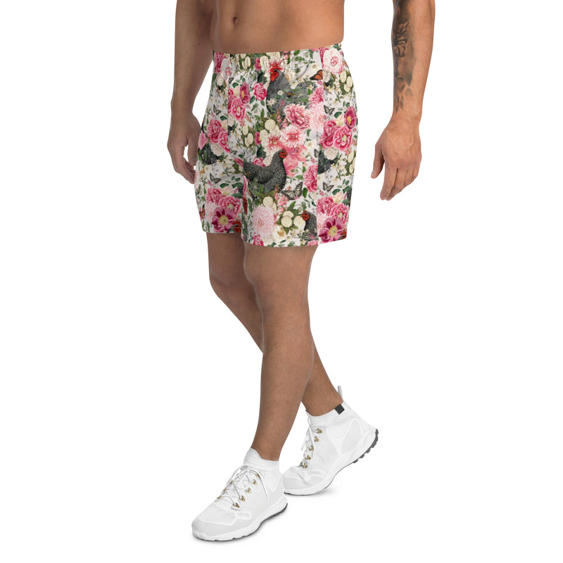 Secret Chicken Garden Recycled Athletic Shorts, barred rock neutral